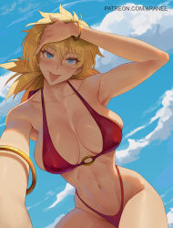 Rule 34 | 1girl, araneesama, bare shoulders, bikini, blonde hair, blue eyes, blush, breasts, cleavage, collarbone, hellsing, highres, large breasts, looking at viewer, navel, open mouth, seras victoria, short hair, smile, solo, swimsuit, thighs, tongue, tongue out