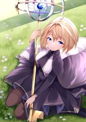 Rule 34 | 1girl, absurdres, blonde hair, blue dress, blue eyes, breasts, closed mouth, day, dress, from above, grass, highres, long sleeves, medium breasts, medium dress, original, outdoors, pantyhose, risumi (taka-fallcherryblossom), riu (risumi), short hair, smile, solo, staff