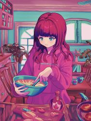 Rule 34 | 1girl, banana, batter, blunt bangs, book, bookshelf, bottle, bowl, chair, closed mouth, commentary, cooking, cup, cutting board, day, door, drawstring, food, fruit, frying pan, green eyes, highres, holding, holding bowl, holding whisk, hood, hood down, hoodie, indoors, kagenoyuhi, kitchen knife, light blush, long hair, long sleeves, maple syrup, mixing bowl, mug, original, pancake, pink hoodie, plant, red hair, solo, standing, strawberry, symbol-only commentary, table, upper body, whisk, window