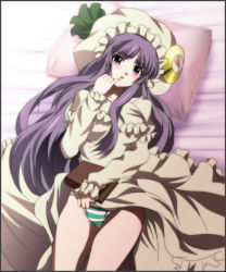 Rule 34 | 1girl, bed, blush, book, breasts, dress, eyebrows, hat, highres, holding, large breasts, legs, long hair, long sleeves, looking at viewer, lying, on back, on bed, panties, parted lips, patchouli knowledge, pillow, purple eyes, purple hair, solo, striped clothes, striped panties, thighs, touhou, underwear, yadokari genpachirou