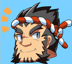 Rule 34 | 1boy, bad link, bara, black hair, cropped shoulders, facial hair, forked eyebrows, goatee, goriin110, hachimaki, headband, looking to the side, male focus, mature male, mutton chops, nejiri hachimaki, notice lines, profile picture, short hair, sideways glance, smile, solo, tajikarao (housamo), thick eyebrows, tokyo houkago summoners, tusks