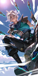 Rule 34 | 1girl, blue eyes, dutch angle, fingerless gloves, floating, floating object, floating weapon, gloves, grey hair, highres, jett (valorant), kunai, liang xing, lips, looking at viewer, short hair, signature, sitting, sleeveless, sleeveless jacket, solo, valorant, watermark, weapon, web address