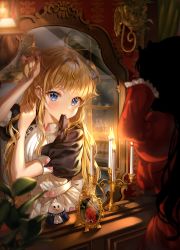 Rule 34 | 2girls, absurdres, aina 156cm, apron, blonde hair, blue eyes, blurry, blurry background, blurry foreground, candle, candlestand, commentary request, depth of field, dress, emilico (shadows house), frilled sleeves, frills, highres, indoors, kate (shadows house), long hair, long sleeves, maid, mirror, mouth hold, multiple girls, puffy short sleeves, puffy sleeves, red dress, ribbon, ribbon in mouth, shadows house, short sleeves, two side up, tying hair, window