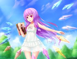Rule 34 | 1girl, alternate costume, anata (lighttuner), bare arms, bare shoulders, blue sky, blurry, book, bow, cloud, collarbone, crystal, day, depth of field, dress, grimoire, hair bow, long hair, looking at viewer, outdoors, outstretched arm, parted lips, patchouli knowledge, purple eyes, purple hair, sidelocks, sky, solo, sundress, touhou, transparent, tree, wind