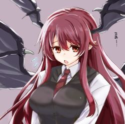 Rule 34 | 1girl, :o, bat wings, black vest, breasts, collared shirt, demon girl, demon wings, dress shirt, fang, flying sweatdrops, head wings, koa (phrase), koakuma, large breasts, lefthand, long hair, long sleeves, looking at viewer, necktie, pointy ears, purple background, red eyes, red hair, red necktie, shirt, sidelocks, simple background, solo, touhou, upper body, very long hair, vest, white shirt, wings