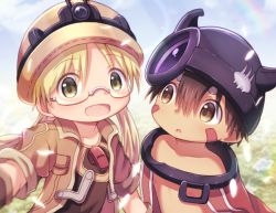 Rule 34 | 1boy, 1girl, blonde hair, brown hair, cape, clant st, close-up, commentary request, dark skin, facial mark, glasses, helmet, looking at viewer, made in abyss, open mouth, regu (made in abyss), riko (made in abyss), short hair, smile, twintails, yellow eyes