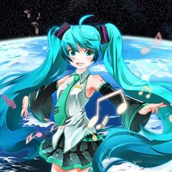 Rule 34 | 1girl, aqua eyes, aqua hair, artist request, blue necktie, detached sleeves, earth (planet), grey shirt, happy, hatsune miku, looking at viewer, lowres, musical note, necktie, non-web source, planet, shirt, skirt, sleeveless, sleeveless shirt, solo, space, twintails, vocaloid