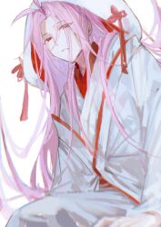 Rule 34 | 1boy, absurdres, antenna hair, chinese commentary, chromatic aberration, commentary request, eyes visible through hair, flower knot, hatsutori hajime, highres, japanese clothes, kimono, long hair, long sleeves, male focus, parted bangs, parted lips, pink hair, red eyes, red trim, saibou shinkyoku, shiromuku, simple background, solo, two-sided fabric, two-sided hood, uchikake, wataboushi, white background, wotmyijingwuyuwuqiule