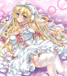 Rule 34 | 1girl, artist name, at classics, bare shoulders, blonde hair, blush, bow, bowtie, breasts, bridal veil, cleavage, closed mouth, covered erect nipples, dress, elbow gloves, garter straps, gloves, hair between eyes, hair bow, hand on own chest, large breasts, long hair, looking at viewer, purple eyes, red bow, red bowtie, sample watermark, sidelocks, sitting, smile, solo, thighhighs, touhou, traditional media, veil, very long hair, watermark, wedding dress, white bow, white gloves, white thighhighs, yakumo yukari