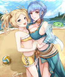 Rule 34 | 2girls, :d, absurdres, alternate costume, asymmetrical docking, ball, beach, bikini, bikini shorts, blonde hair, blue bikini, blue eyes, blue hair, blue jacket, blue sky, braid, breast press, breasts, brown eyes, cloud, commentary, commission, cowboy shot, crown braid, day, fire emblem, fire emblem: three houses, fire emblem awakening, highres, holding hands, innertube, jacket, large breasts, lissa (fire emblem), long sleeves, looking at viewer, marianne von edmund, multiple girls, navel, nintendo, nui gurumi, ocean, official alternate costume, open mouth, sarong, short hair, short shorts, shorts, sky, small breasts, smile, standing, stomach, swim ring, swimsuit, thighs, twintails, volleyball, volleyball (object), water, yellow bikini, yellow shorts