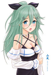 Rule 34 | 1girl, absurdres, adapted costume, artist name, black dress, black ribbon, character name, commentary request, dated, dress, green eyes, green hair, hair between eyes, hair ornament, hair ribbon, hairclip, highres, kantai collection, long hair, looking at viewer, parted bangs, ponytail, ribbon, sidelocks, simple background, skypixter, solo, white background, yamakaze (kancolle)