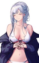 Rule 34 | 1girl, 3 small spiders, absurdres, ak-12 (girls&#039; frontline), bikini, blue jacket, braid, breasts, closed eyes, closed mouth, commentary request, cowboy shot, french braid, girls&#039; frontline, grey hair, highres, jacket, medium breasts, navel, off shoulder, sidelocks, silver bikini, swimsuit, white background