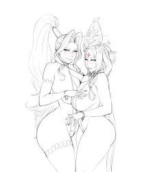 Rule 34 | 2girls, armlet, arshtat falenas, asymmetrical docking, bikini, blush, bracelet, breast press, breasts, curvy, facial mark, forehead mark, gensou suikoden, gensou suikoden v, greyscale, hair tubes, headgear, height difference, high ponytail, highres, huge breasts, jeane (suikoden), jewelry, konami, large breasts, lips, lm (legoman), long hair, lots of jewelry, md5 mismatch, micro bikini, monochrome, multiple girls, naughty face, resized, sideboob, slingshot swimsuit, smile, spot color, swimsuit, thick thighs, thighs, upscaled, wide hips, yuri
