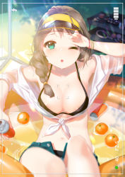 Rule 34 | 1girl, :o, ;o, aqua eyes, areola slip, bad id, bad pixiv id, bangle, bikini, bikini under clothes, black bikini, blurry, bracelet, braid, breasts, brown hair, can, cleavage, cosmetics, depth of field, food, front-tie top, fruit, furururu, green eyes, hair over shoulder, hand to forehead, highres, holding, holding can, jewelry, long hair, looking at viewer, makeup brush, medium breasts, mirror, moe2016, navel, one eye closed, open fly, orange (fruit), original, see-through, shelf, shirt, shorts, single braid, sitting, solo, sunlight, swimsuit, tied shirt, unbuttoned, viewfinder, visor cap, wading pool, water, wet, wet clothes, white shirt