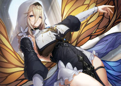 Rule 34 | 1girl, aponia (honkai impact), blonde hair, blue eyes, breasts, butterfly wings, closed mouth, hair between eyes, highres, honkai (series), honkai impact 3rd, insect wings, long hair, long sleeves, looking at viewer, mole, mole under eye, nun, solo, thighs, wings, xfate