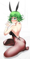 Rule 34 | 1girl, absurdres, ass, curly hair, dayby, green eyes, green hair, highres, kneeling, leotard, looking to the side, narrow waist, one-punch man, playboy bunny, rabbit ears, short hair, solo, tatsumaki, wide hips