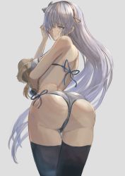 Rule 34 | 1girl, anastasia (fate), ass, back, bare shoulders, bikini, black thighhighs, blue eyes, blush, breasts, closed mouth, doll, fate/grand order, fate (series), hair over one eye, hairband, halterneck, highres, holding, holding doll, large breasts, long hair, looking at viewer, looking back, side-tie bikini bottom, silver hair, simple background, swimsuit, thighhighs, thighs, uutan (shibainu kakumei), viy (fate), white bikini