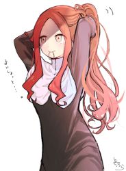 Rule 34 | 1girl, arms up, black dress, blush, brown eyes, bunching hair, closed mouth, dress, forehead, hair tie, hair tie in mouth, highres, long hair, long sleeves, looking away, mole, mole under eye, mouth hold, nun, orange hair, original, parted bangs, signature, simple background, smile, sofra, solo, traditional nun, translation request, very long hair, white background