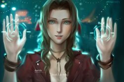 Rule 34 | 1girl, aerith gainsborough, bangle, blurry, blurry background, bracelet, brown hair, character name, choker, dialogue box, dress, final fantasy, final fantasy vii, final fantasy vii remake, flower choker, green eyes, hair ribbon, hands up, highres, jacket, jewelry, long hair, looking at viewer, parted bangs, parted lips, pink dress, pink ribbon, ragecndy, red jacket, ribbon, short sleeves, sidelocks, smile, solo, square enix, upper body, wall market