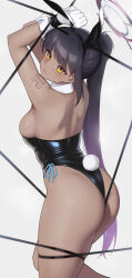 Rule 34 | 1girl, animal ears, ass, bare legs, black hair, black leotard, blue archive, bound, bound arms, bound wrists, breasts, chinese commentary, commentary, commentary request, dark-skinned female, dark skin, detached collar, fake animal ears, fake tail, gloves, halo, highres, houkago shounen, karin (blue archive), karin (bunny) (blue archive), large breasts, leotard, long hair, looking at viewer, medium breasts, official alternate costume, pantyhose, parted lips, playboy bunny, rabbit ears, rabbit tail, restrained, revision, solo, strapless, strapless leotard, symbol-only commentary, tail, thick thighs, thighs, white background, white gloves, yellow eyes