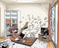 Rule 34 | 1girl, absurdres, axe, black eyes, bookshelf, broken glass, can, computer, cup, curtains, food, fruit, glass, glass door, glasses, highres, indoors, kettle, kotatsu, laptop, mandarin orange, medium hair, mo ma shima, mouse (computer), original, ribbed sweater, sitting, sliding doors, solo, sweater, table, television, trash can, wooden floor
