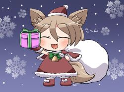 Rule 34 | 1girl, alternate costume, animal ears, bell, blush, boots, box, capelet, closed eyes, commentary request, fox ears, fox tail, full body, gift, gift box, hair between eyes, hat, holding, holding gift, kudamaki tsukasa, light brown hair, open mouth, pom pom (clothes), red capelet, red footwear, red hat, rokugou daisuke, sack, santa costume, santa hat, short hair, signature, smile, snowflakes, solo, tail, touhou