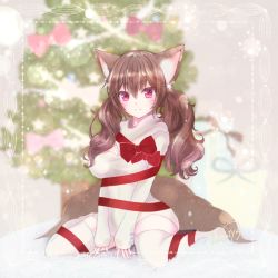 Rule 34 | 1girl, ahri (league of legends), alternate costume, animal ears, blush, breasts, brown hair, christmas, christmas tree, facial mark, fox ears, fox tail, iorisu, large breasts, league of legends, long hair, looking at viewer, multiple tails, red eyes, ribbon, solo, tail, twintails, whisker markings