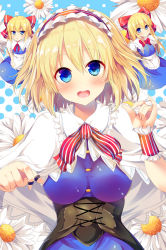 Rule 34 | 1girl, :d, alice margatroid, apron, blonde hair, blue dress, blue eyes, blush, bow, breasts, capelet, corset, dress, flower, hair bow, hairband, jewelry, large breasts, lolita hairband, looking at viewer, masa (miyabitei), neck ribbon, open mouth, puppet rings, red bow, ribbon, ring, shanghai doll, short hair, smile, striped ribbon, touhou, upper body, waist apron, wrist cuffs