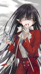 Rule 34 | 1girl, absurdres, almic, bad id, bad pixiv id, black hair, black nails, blood, blood on clothes, cigarette, earrings, eyebrows, fingernails, formal, grey eyes, hair between eyes, halloween, highres, holding, holding cigarette, jewelry, lipstick mark, long fingernails, long hair, nail polish, original, parted lips, pointy ears, red lips, red suit, sign, slit pupils, smoke, smoking, solo, suit, vampire, very long fingernails, very long hair