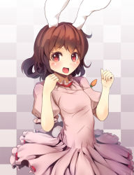 Rule 34 | 1girl, animal ears, brown hair, carrot, carrot necklace, checkered background, culter, dress, inaba tewi, jewelry, looking at viewer, necklace, open mouth, pendant, pink dress, pink hair, puffy sleeves, rabbit ears, rabbit girl, rabbit tail, red eyes, short sleeves, smile, solo, tail, grid background, touhou