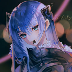 Rule 34 | 1girl, arknights, black background, black jacket, blue eyes, blue hair, blurry, bokeh, candy, chocolate, chocolate heart, demon horns, depth of field, food, fur-trimmed hood, fur trim, fuyuumikou, hair between eyes, heart, hood, hood down, hooded jacket, horns, jacket, long hair, looking at viewer, mostima (arknights), mouth hold, portrait, simple background, solo, white day