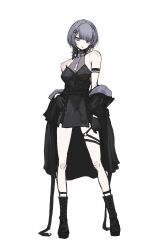 1girl belt black_belt black_dress black_footwear black_gloves black_jacket boots breasts cleavage dress gloves grey_hair highres in_(in_0907) jacket knee_boots koshimizu_toru lace lace-trimmed_dress lace_trim looking_at_viewer medium_breasts nijisanji off-shoulder_jacket off_shoulder purple_eyes simple_background solo thigh_strap tongue tongue_out virtual_youtuber white_background