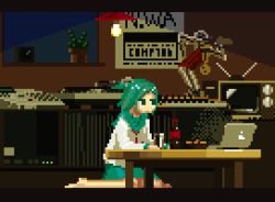 Rule 34 | 1girl, animated, animated gif, blue hair, computer, crt, female focus, laptop, motocross saito, one side up, original, phonograph, pixel art, school uniform, sitting, solo, table, television, turntable, wariza