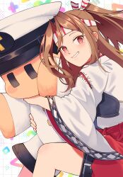 Rule 34 | 1girl, admiral (kancolle), brown eyes, brown hair, character doll, feet out of frame, grin, hachimaki, hakama, hakama shorts, headband, high ponytail, highres, hugging doll, hugging object, japanese clothes, kantai collection, long hair, muneate, red shorts, shorts, smile, solo, striped headband, tanaka io (craftstudio), zuihou (kancolle)