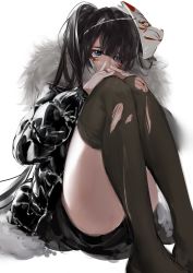 Rule 34 | 1girl, absurdres, black hair, black jacket, blood, blue eyes, copyright request, fox mask, fox shadow puppet, fur-trimmed jacket, fur trim, grey thighhighs, highres, hoojiro, injury, jacket, legs together, long hair, long sleeves, looking at viewer, mask, mask on head, no shoes, sitting, solo, thighhighs, torn clothes, torn thighhighs, twintails