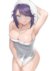 Rule 34 | 1girl, absurdres, arm behind head, armpits, bare shoulders, blue eyes, blue hair, breasts, cleavage, collarbone, dark blue hair, from above, highres, kson, large breasts, long hair, looking at viewer, maboroshi yuki shiro, naked towel, simple background, smile, solo, swept bangs, towel, towel on head, virtual youtuber, vshojo, white background