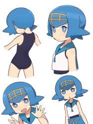Rule 34 | 1girl, :d, :o, arms at sides, bare arms, black one-piece swimsuit, blue eyes, blue hair, blue pants, blue sailor collar, bright pupils, closed mouth, commentary request, creatures (company), freckles, game freak, hairband, hands up, highres, lana (pokemon), looking at viewer, multiple views, nintendo, no sclera, one-piece swimsuit, open mouth, pants, pokemon, pokemon sm, sailor collar, shirt, short hair, simple background, sleeveless, sleeveless shirt, smile, squid neetommy, swimsuit, swimsuit under clothes, trial captain, wedgie, white background, white pupils, white shirt, yellow hairband