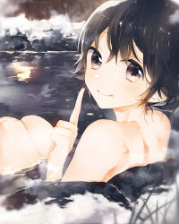 Rule 34 | 1girl, alternate hair length, alternate hairstyle, bad id, bad pixiv id, bathing, black hair, blush, closed mouth, from behind, houshou (kancolle), kantai collection, karomura, knees up, looking at viewer, looking back, nude, onsen, partially submerged, purple eyes, rock, short hair, sitting, smile, snow, solo, steam, tareme, water, winter