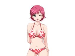 Rule 34 | 00s, 1girl, bare shoulders, bikini, breasts, game cg, green eyes, happoubi jin, iihara nao, large breasts, legs, looking at viewer, one eye closed, open mouth, pink hair, resort boin, short hair, simple background, smile, solo, standing, swimsuit, thighs, white background, wink