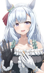 Rule 34 | 1girl, absurdres, animal ears, asymmetrical gloves, blue hair, blurry, blurry foreground, blush, bow, braid, collarbone, commentary, crown braid, crying, crying with eyes open, ear ornament, ear ribbon, frills, gloves, guram, hand on own chest, highres, horse ears, horse girl, light blue hair, long hair, looking at viewer, mejiro ardan (umamusume), mismatched gloves, off shoulder, open mouth, purple eyes, sidelocks, simple background, smile, solo, tears, umamusume, upper body, white background