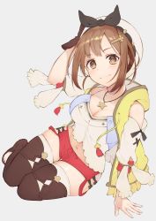 Rule 34 | 1girl, atelier (series), atelier ryza, atelier ryza 1, bad id, bad twitter id, belt, brat (brabrabrat00), breasts, brown eyes, brown hair, cleavage, flask, hair ornament, hairclip, hat, jewelry, long hair, looking at viewer, necklace, red shorts, reisalin stout, round-bottom flask, short shorts, shorts, sitting, smile, solo, star (symbol), thighhighs, thighs, white hat