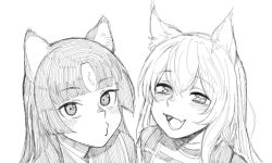 Rule 34 | 2girls, animal ears, arknights, ceobe (arknights), dog ears, facial mark, fang, forehead mark, greyscale, haioku colonel, hair between eyes, half-closed eyes, long hair, monochrome, multiple girls, o3o, open mouth, portrait, saga (arknights), simple background, sketch, skin fang, white background