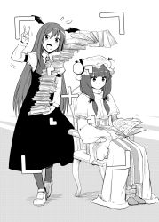 Rule 34 | 2girls, :d, accident, arm belt, bat wings, blunt bangs, book, book stack, camera viewfinder, chair, dress, dress shirt, dropping, expressionless, flying sweatdrops, greyscale, hair ribbon, hat, head wings, highres, hime cut, holding, holding book, koakuma, leon (mikiri hassha), loafers, long hair, long sleeves, monochrome, multiple girls, necktie, open book, open mouth, pantyhose, patchouli knowledge, reading, ribbon, shirt, shoes, sidelocks, sitting, smile, striped clothes, striped dress, too many, too many books, touhou, v, vertical stripes, viewfinder, white shirt, wings