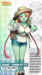 Rule 34 | 1girl, apple, arms up, artist request, blue tongue, blush, braid, breasts, brown gloves, character name, character profile, charlotte (isekai: slow life), coin, colored skin, colored tongue, denim, denim shorts, diamond (shape), fangs, female goblin, fingerless gloves, flower, flower in pocket, food, fruit, gloves, goblin, green skin, hands up, hat, highres, isekai: slow life, long hair, looking at viewer, medium breasts, monster girl, official art, one eye closed, open mouth, plant, pocket, puffy sleeves, red eyes, red hair, rope, salute, sharp teeth, shirt, shorts, smile, sparkle, straw hat, teeth, twin braids, twintails, upper teeth only, very long hair, white flower, white shirt, yellow headwear