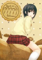 Rule 34 | 1girl, :d, absurdres, aoyama sumika, coffee-kizoku, doughnut, english text, food, from side, highres, kneehighs, looking at viewer, looking back, milestone celebration, open mouth, original, plaid, plaid skirt, polka dot, polka dot background, scan, school uniform, skirt, smile, socks, solo, sweater, thank you
