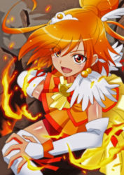 Rule 34 | 10s, 1girl, bad id, bad pixiv id, bike shorts, bike shorts under skirt, boots, bow, bowtie, cure sunny, dress, earrings, fire, hair bun, heki (axis), hino akane (smile precure!), jewelry, matching hair/eyes, orange dress, orange eyes, orange hair, orange skirt, orange theme, outstretched hand, precure, red shorts, ribbon, short hair, shorts, shorts under skirt, single hair bun, skirt, smile precure!, solo, thigh boots, thighhighs, white thighhighs