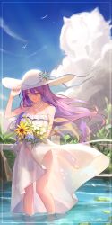 Rule 34 | 1girl, absurdres, aqua nails, arm strap, character name, closed eyes, cloud, dress, facing viewer, flower, hair between eyes, hand up, hat, highres, holding, holding flower, hololive, hololive indonesia, john053028, long hair, moona hoshinova, nail polish, parted lips, purple hair, see-through silhouette, sky, solo, standing, sundress, virtual youtuber, wading, water, white dress, white hat, wind