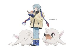 Rule 34 | 1boy, blue footwear, blue mittens, boots, cetoddle, closed mouth, commentary request, creatures (company), cupping hands, ditto, fletchling, game freak, gen 1 pokemon, gen 6 pokemon, green eyes, green hair, grusha (pokemon), highres, holding, holding pokemon, jacket, long sleeves, male focus, medium hair, mittens, nintendo, own hands together, pants, pokemon, pokemon (creature), pokemon sv, sameniku umai, scarf, standing, thank you, transformed ditto, white background, yellow jacket