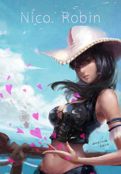 Rule 34 | 1girl, 6.3.2.4., armlet, artist name, bare shoulders, black hair, blue sky, breasts, character name, cloud, cowboy hat, dated, day, floating hair, green eyes, hair over shoulder, hat, heart, jolly roger, lace trim, lips, long hair, looking at viewer, midriff, navel, nico robin, nico robin (alabasta), ocean, one piece, outdoors, parted lips, petals, pirate ship, railing, sail, ship, sky, solo, standing, stomach, upper body, vest, watercraft, wind