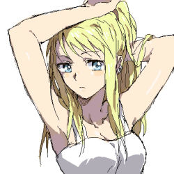 Rule 34 | 1girl, armpits, arms up, bare arms, bare shoulders, blonde hair, blue eyes, blush, breasts, close-up, earrings, expressionless, fullmetal alchemist, jewelry, long hair, looking away, lowres, medium breasts, riru, shaded face, shirt, simple background, sleeveless, sleeveless shirt, solo, upper body, white background, white shirt, winry rockbell